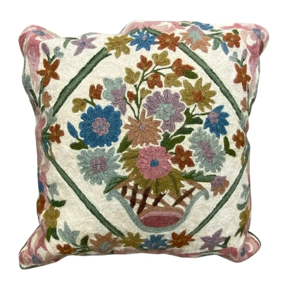 Floral Wool Chain Stitch Tapestry Pillows Size 18 Inch Square